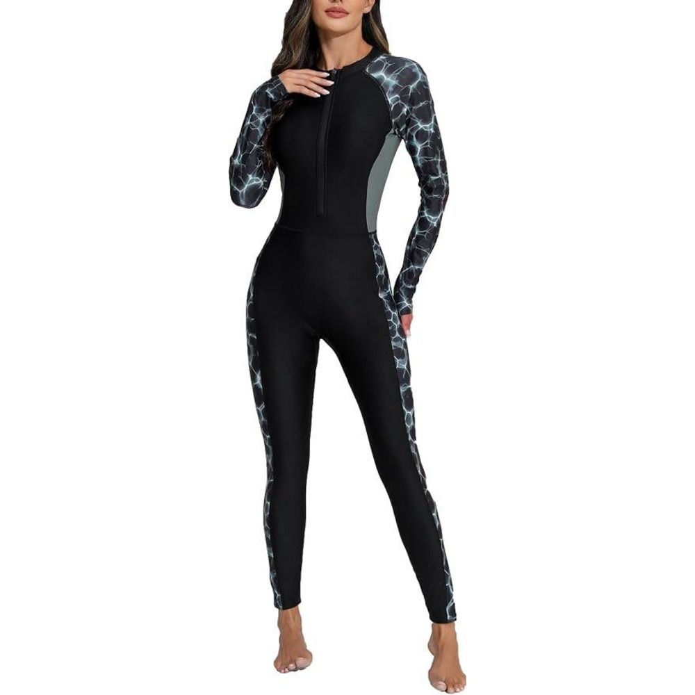 Alltoke Womens Full Body Rash Guard Long Sleeve One Piece Swimsuit Black Gray M